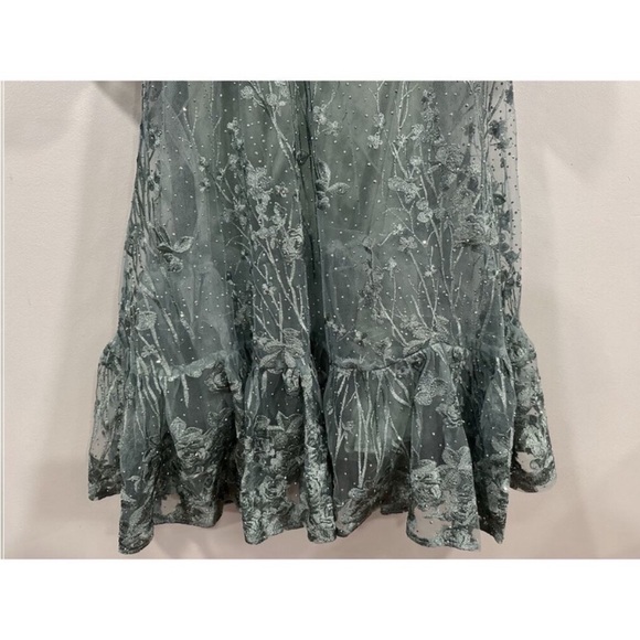 Mac Duggal 20512 Green V-Neck Mesh Puff Sleeve Embellished Tea Length Dress 6 - Picture 6 of 7